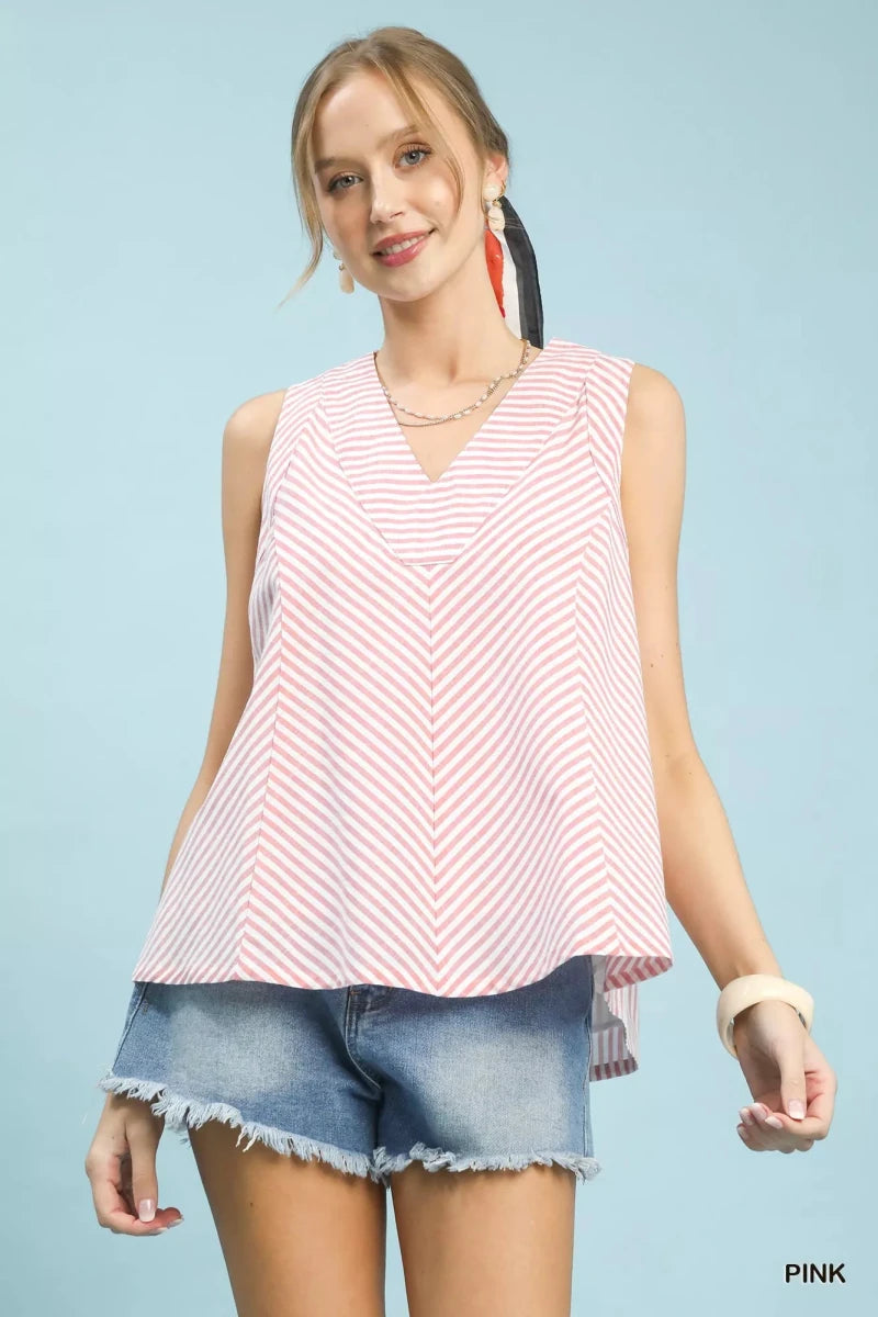 Umgee Mixed Stripe Sleeveless V - Neck Top - 