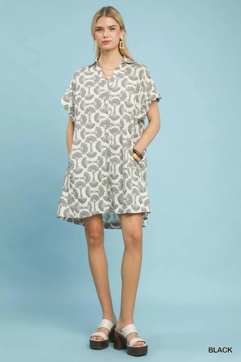 Umgee Printed Button Front Shirt Dress - 