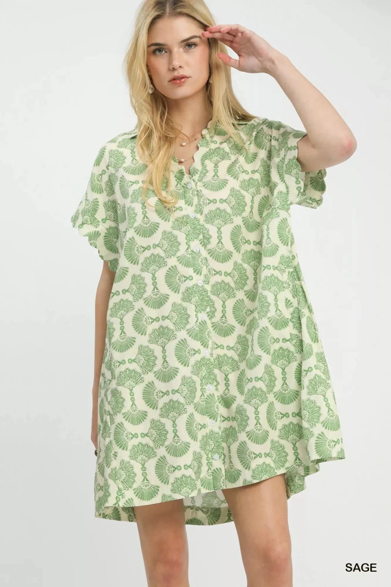 Umgee Printed Button Front Shirt Dress - 