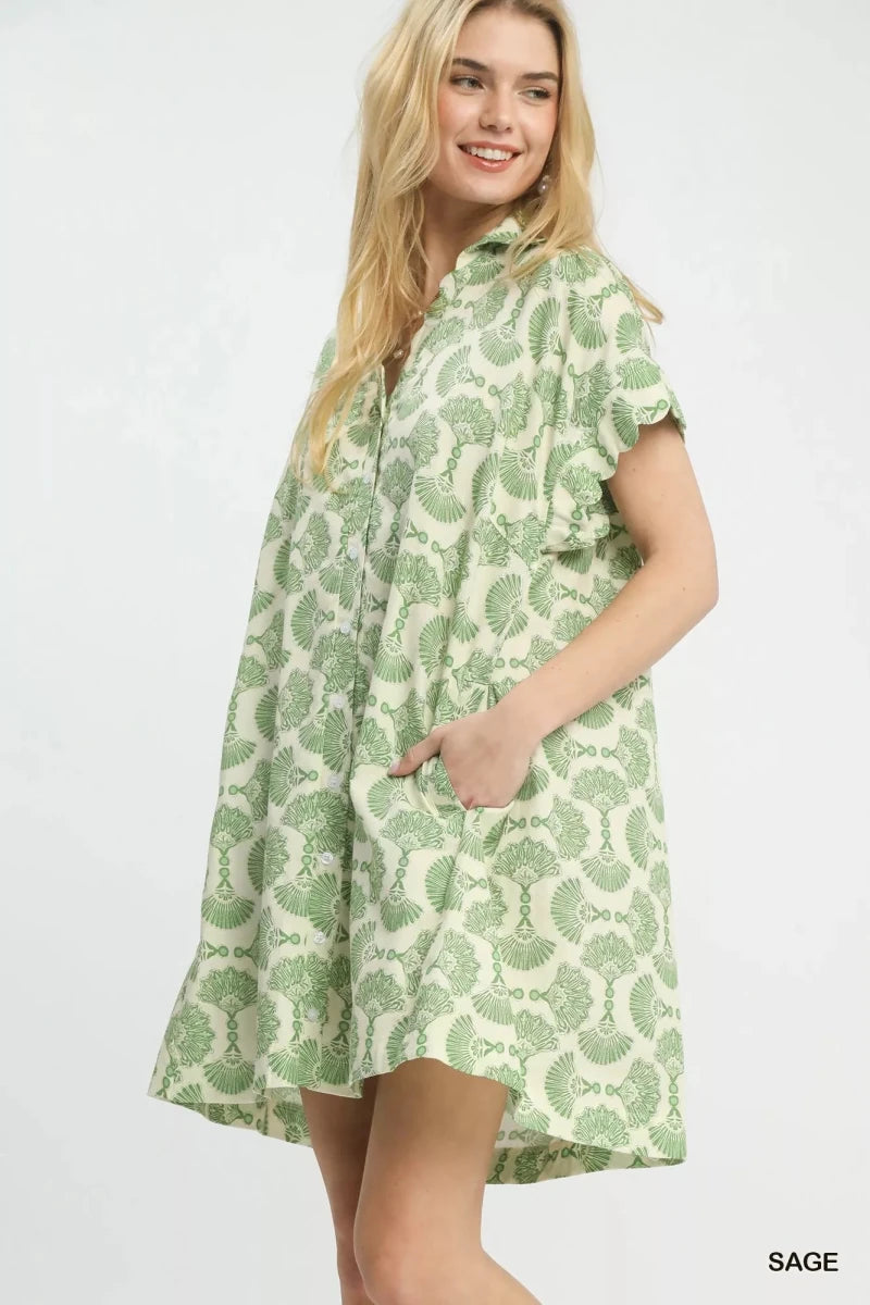 Umgee Printed Button Front Shirt Dress - 