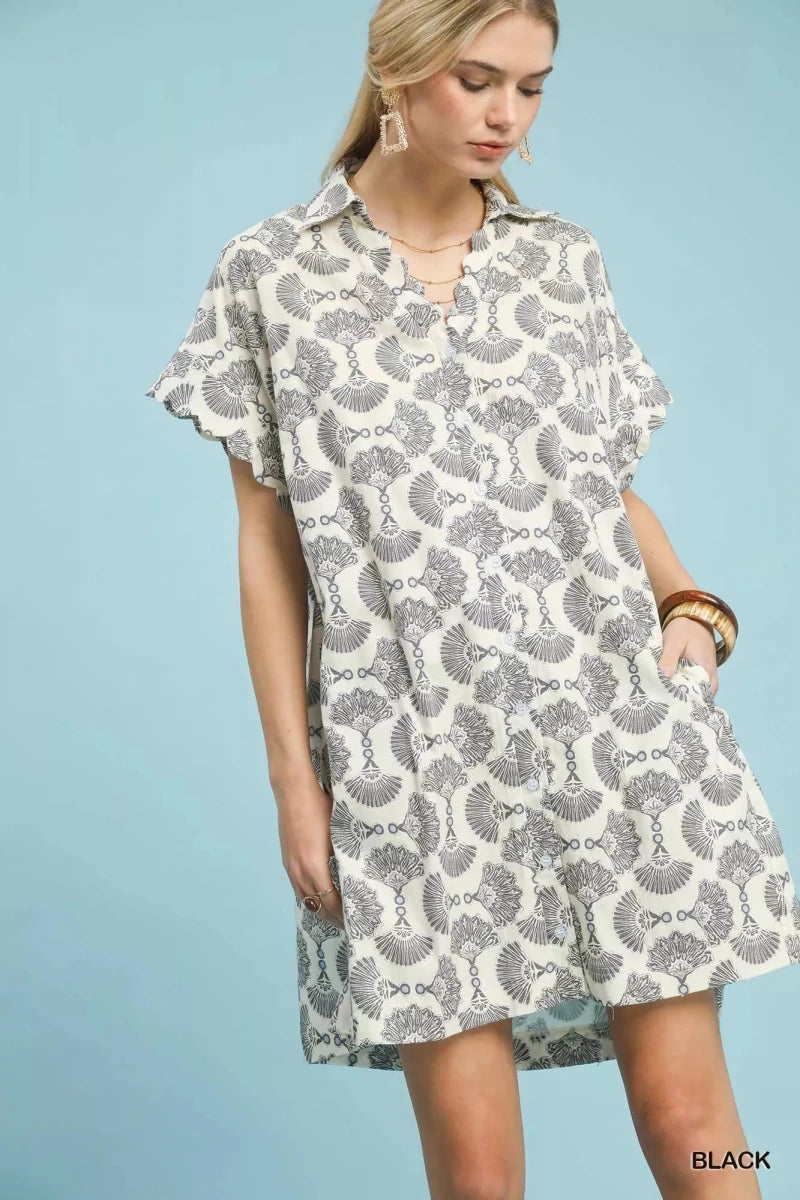 Umgee Printed Button Front Shirt Dress - 