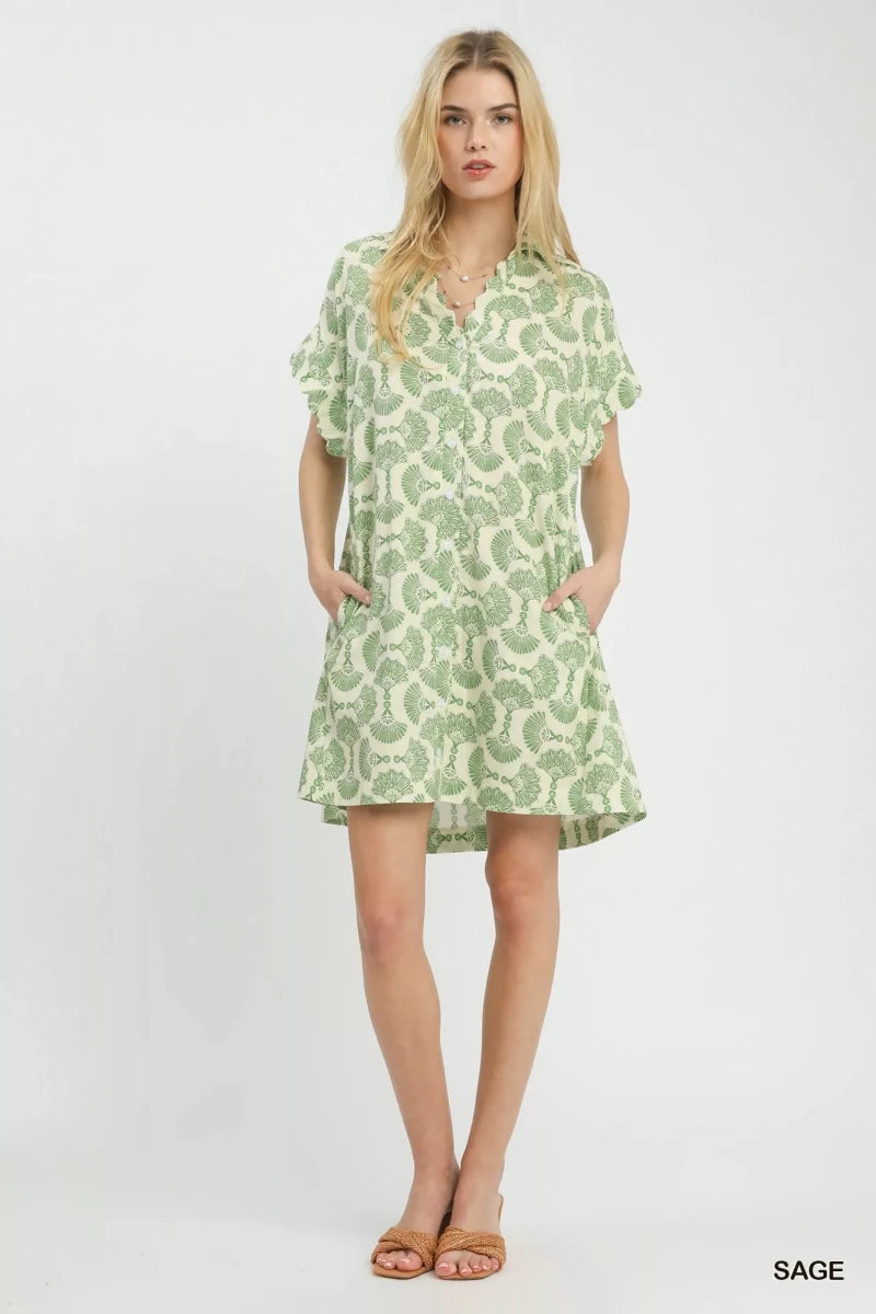 Umgee Printed Button Front Shirt Dress - 