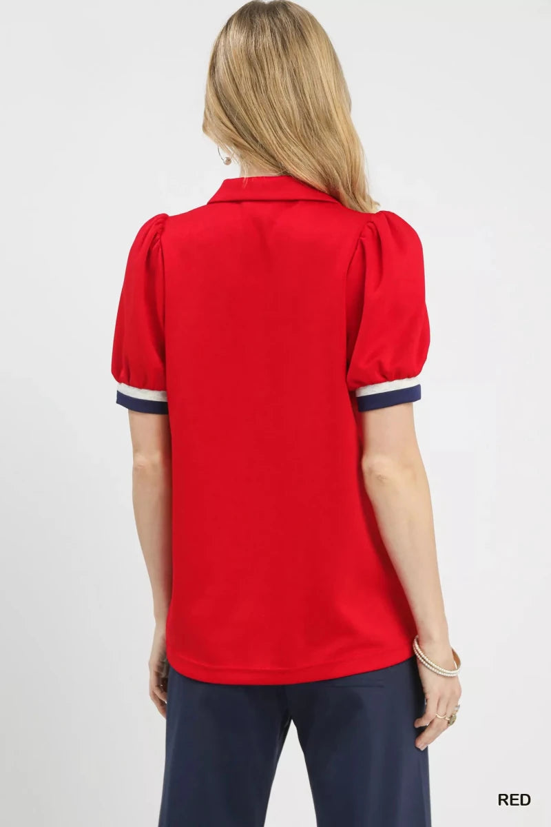 Umgee Puff Sleeve Zip Front Top with Contrast Striped Trim - 