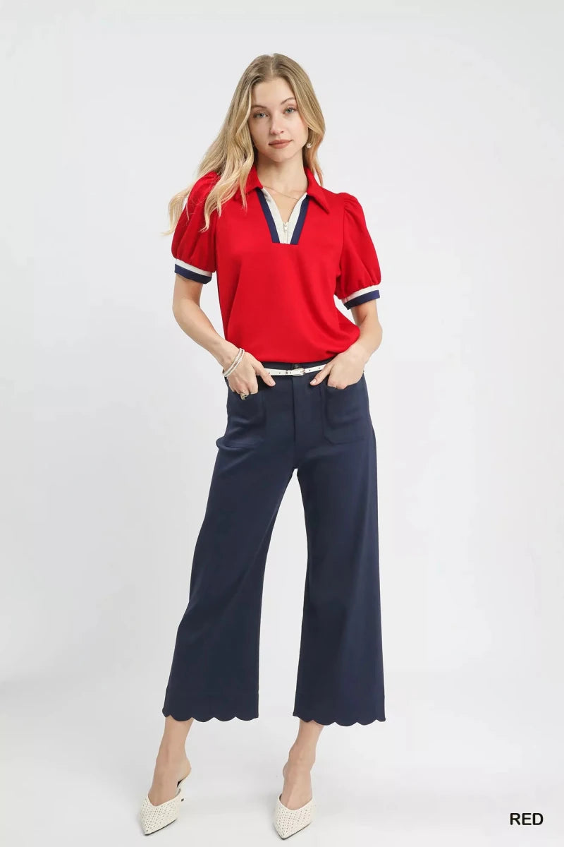 Umgee Puff Sleeve Zip Front Top with Contrast Striped Trim - 
