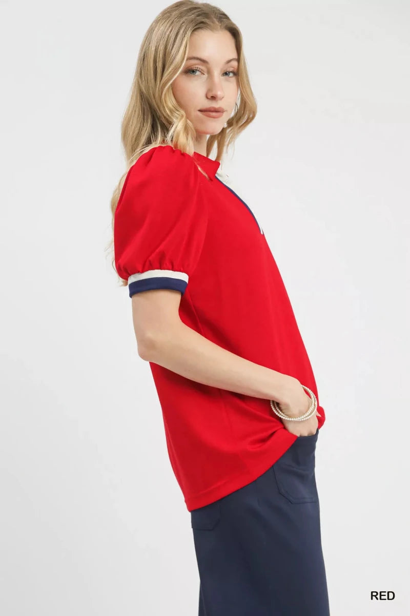 Umgee Puff Sleeve Zip Front Top with Contrast Striped Trim - 
