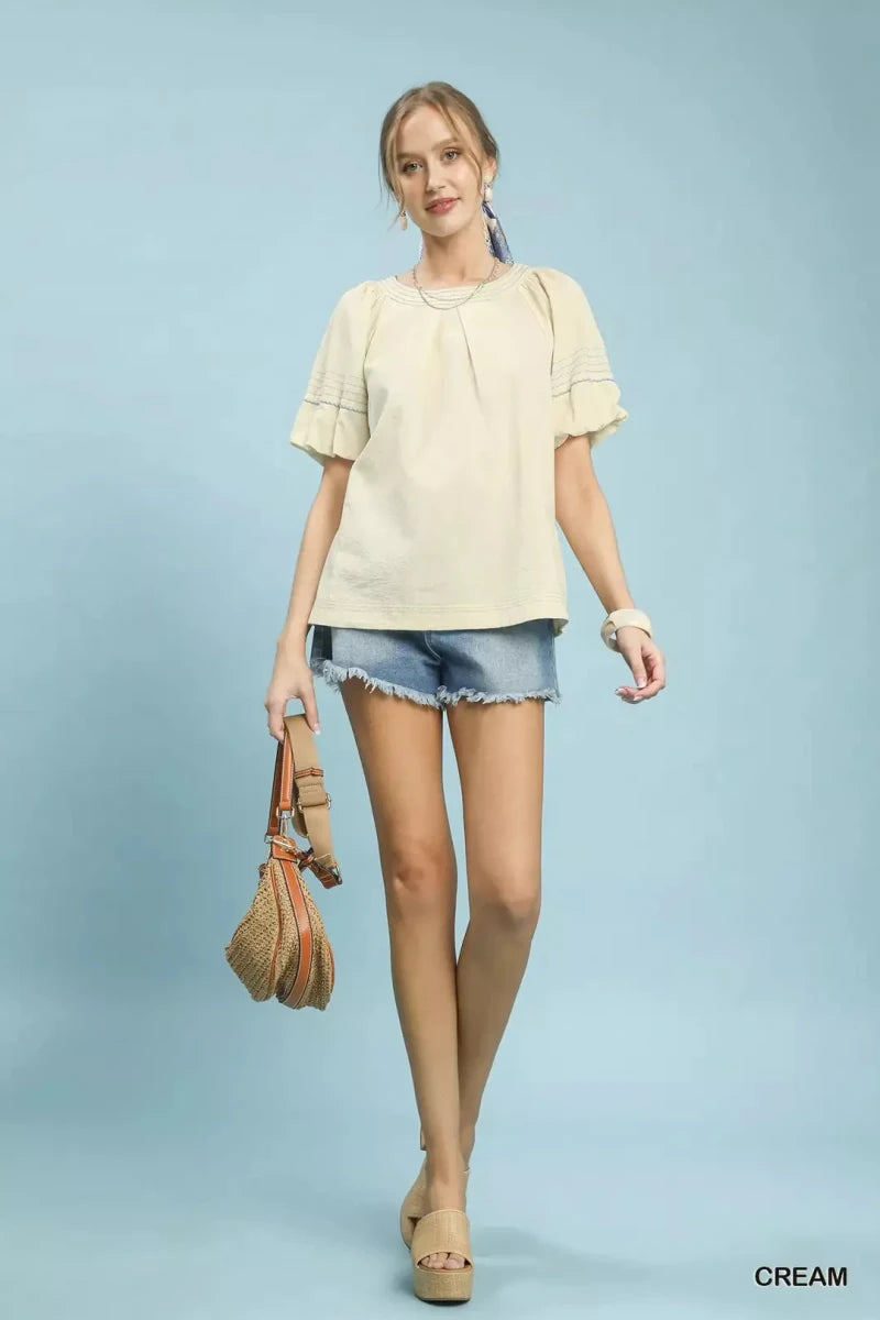 Umgee Round Neck Puff Sleeve Top with Contrast Stitch Detail - 