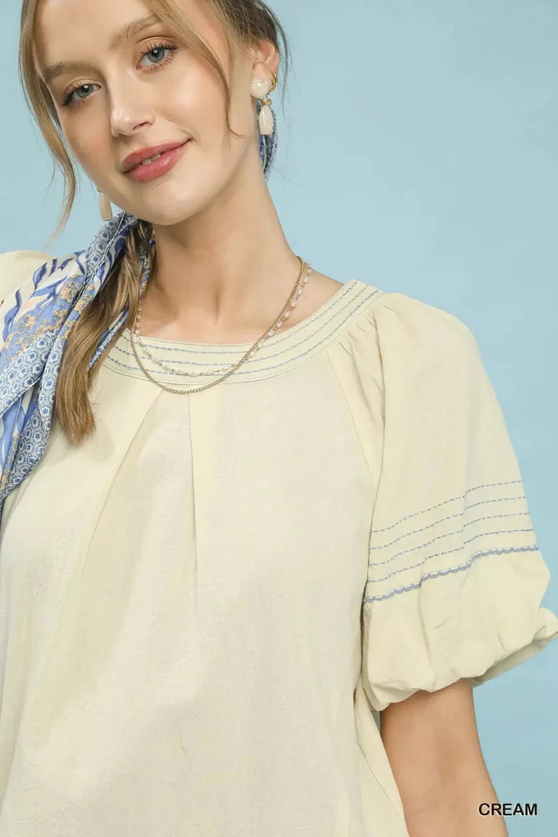 Umgee Round Neck Puff Sleeve Top with Contrast Stitch Detail - 