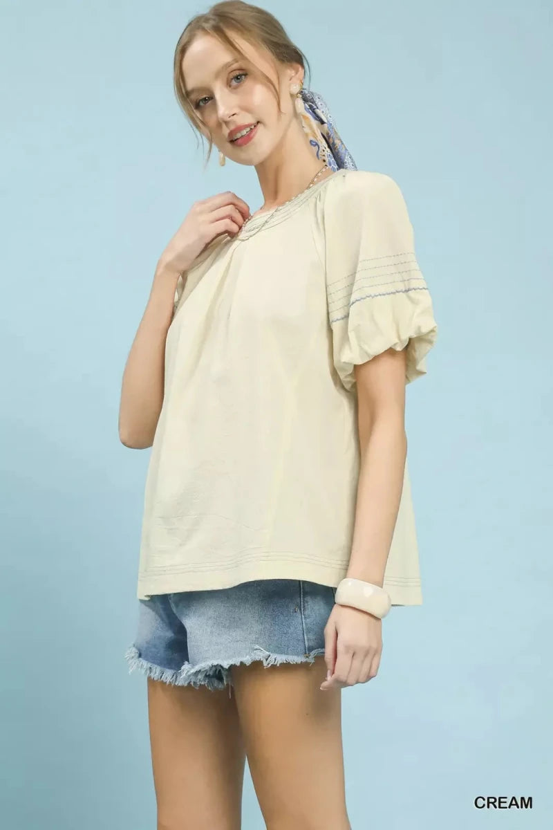 Umgee Round Neck Puff Sleeve Top with Contrast Stitch Detail - 