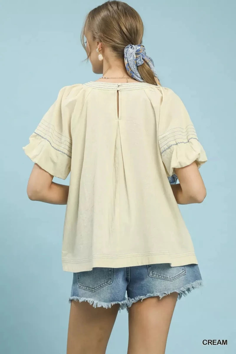 Umgee Round Neck Puff Sleeve Top with Contrast Stitch Detail - 