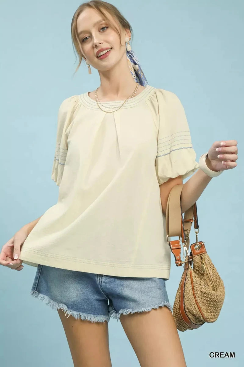 Umgee Round Neck Puff Sleeve Top with Contrast Stitch Detail - 
