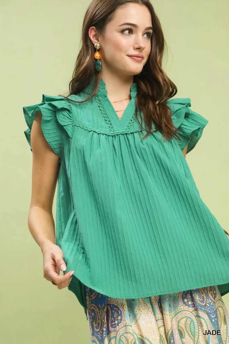 Umgee Ruffle Sleeve Textured Babydoll Blouse - 