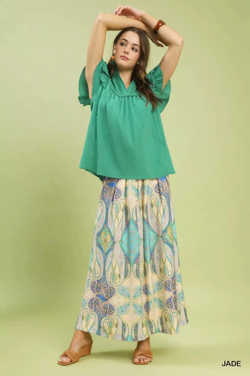 Umgee Ruffle Sleeve Textured Babydoll Blouse - 