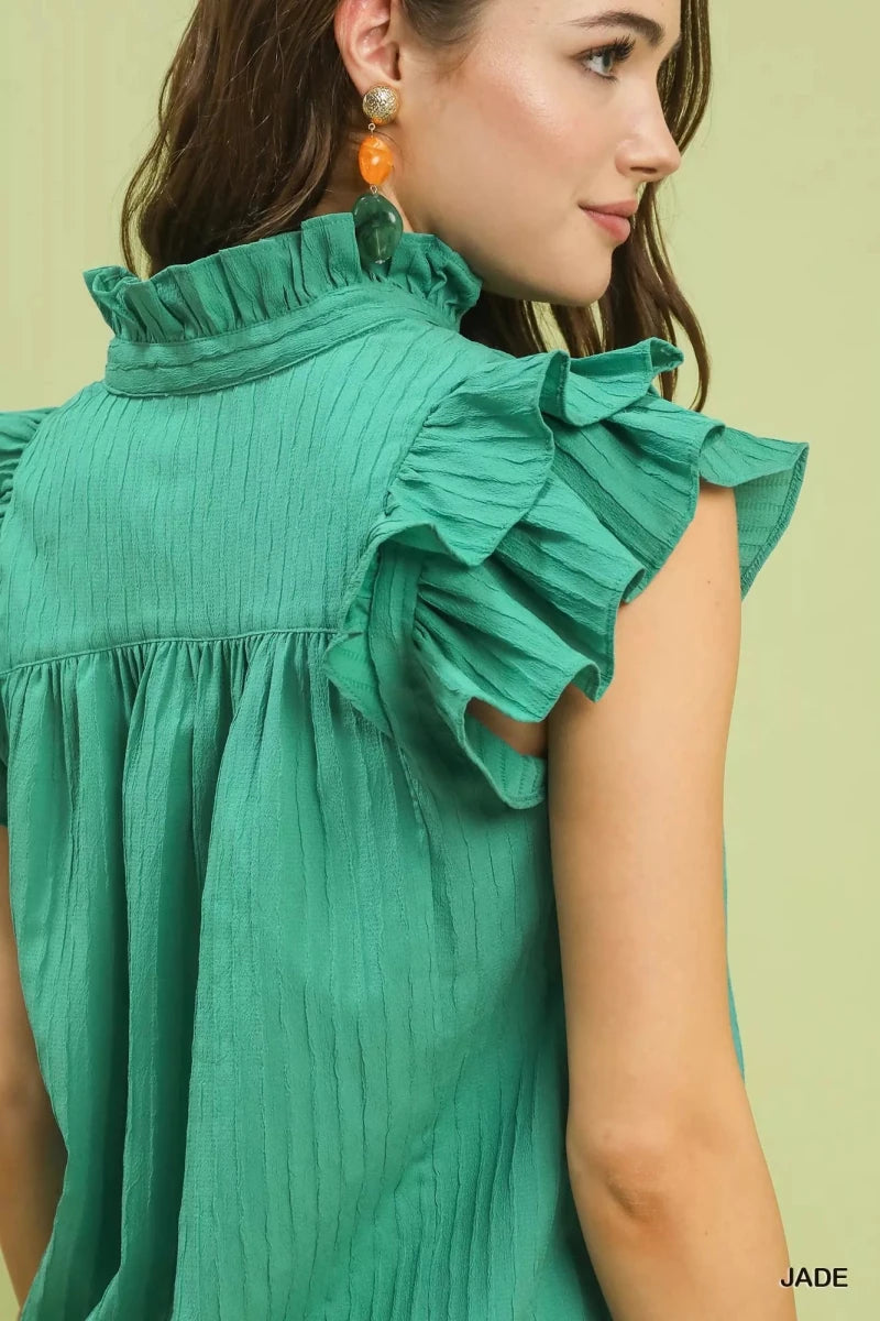 Umgee Ruffle Sleeve Textured Babydoll Blouse - 