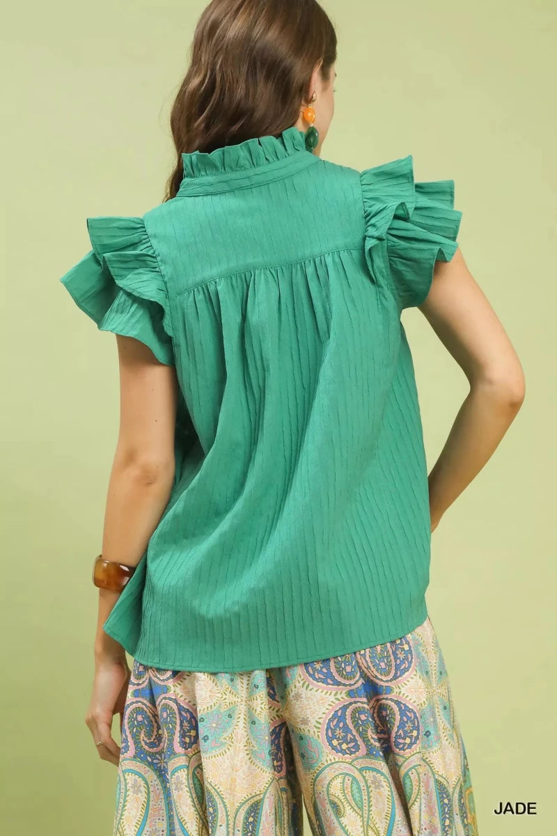 Umgee Ruffle Sleeve Textured Babydoll Blouse - 