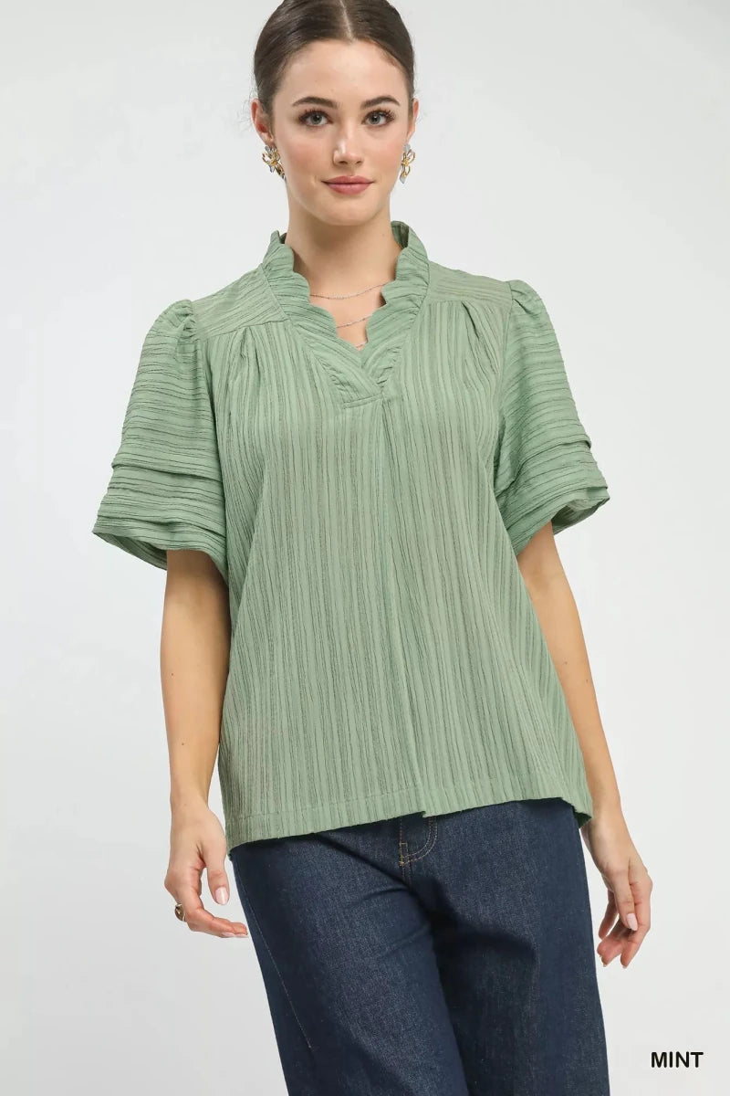 Umgee Seersucker Bubble Sleeve V - Neck Blouse - 