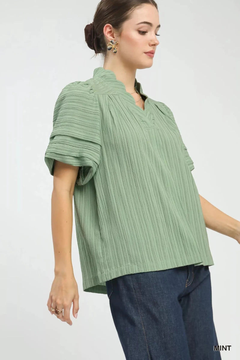 Umgee Seersucker Bubble Sleeve V - Neck Blouse - 