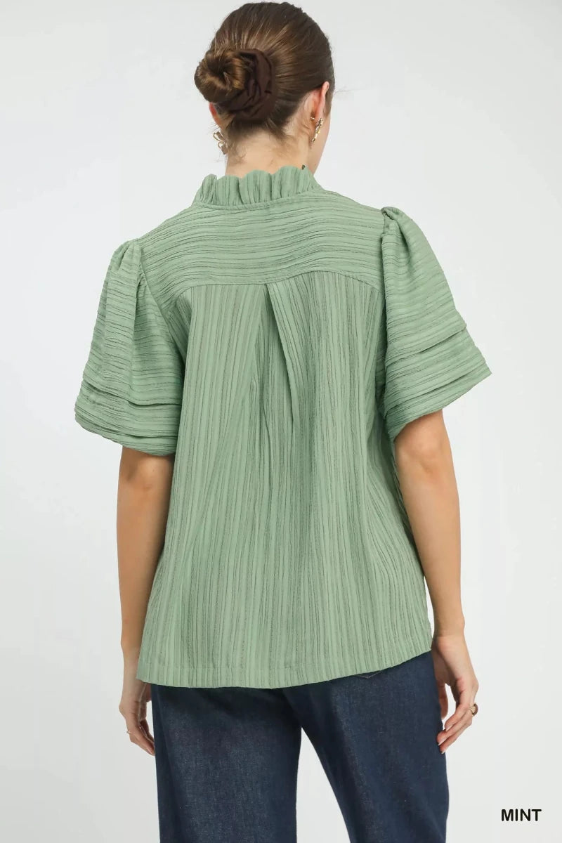 Umgee Seersucker Bubble Sleeve V - Neck Blouse - 