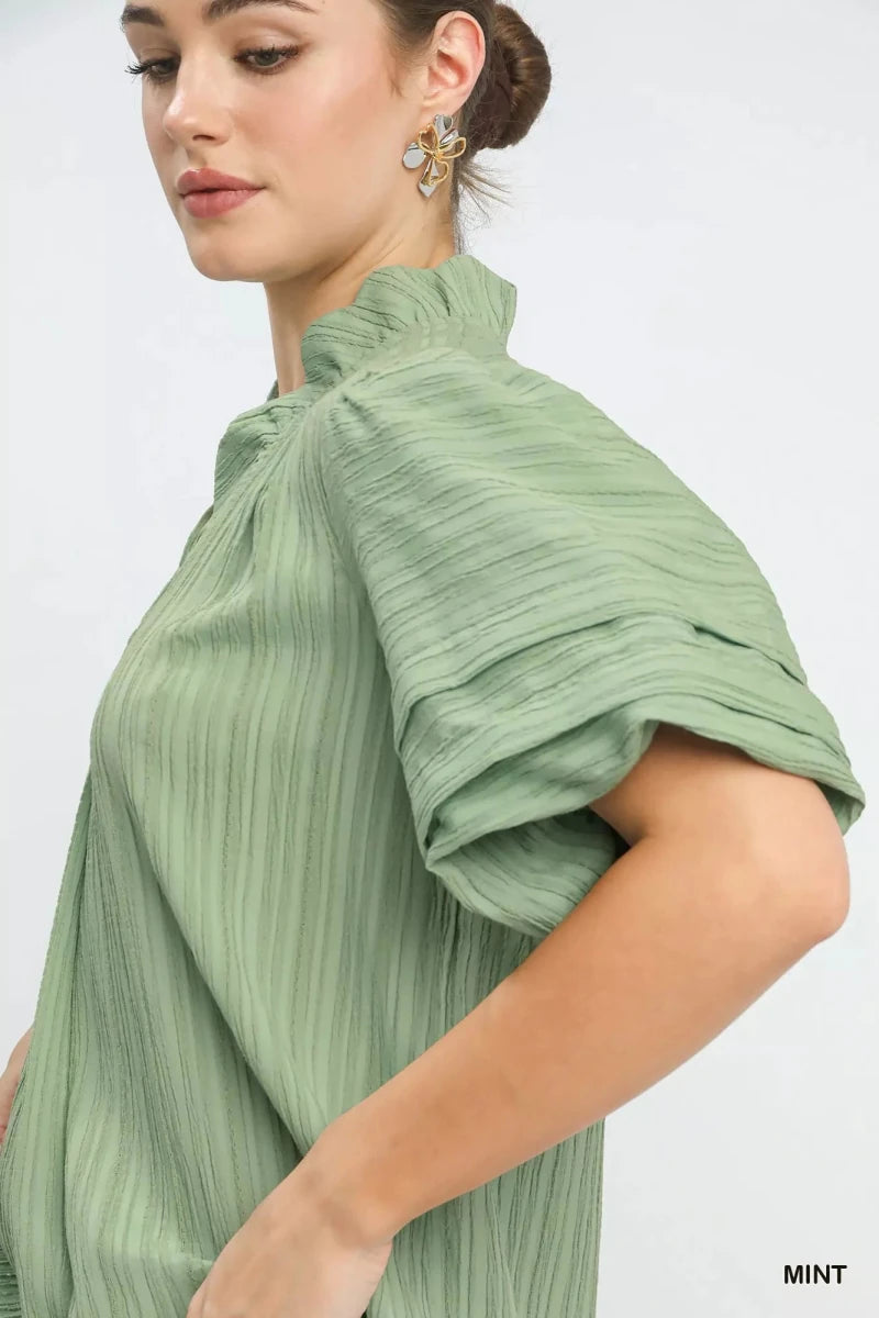 Umgee Seersucker Bubble Sleeve V - Neck Blouse - 