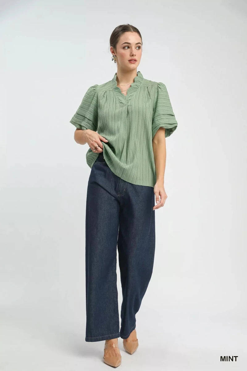 Umgee Seersucker Bubble Sleeve V - Neck Blouse - 