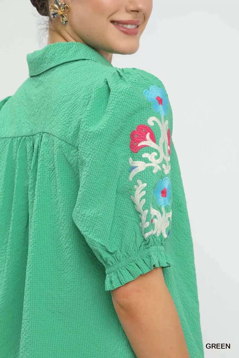 Umgee Seersucker Embroidered Sleeve Blouse - 