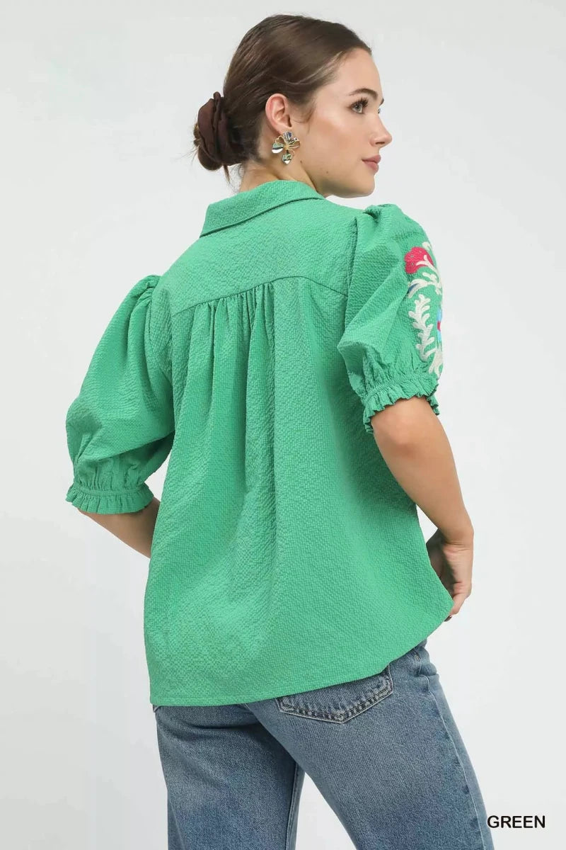 Umgee Seersucker Embroidered Sleeve Blouse - 