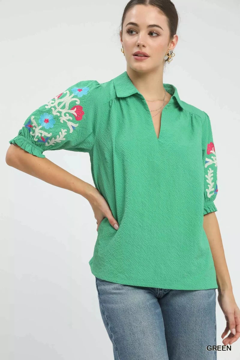 Umgee Seersucker Embroidered Sleeve Blouse - 