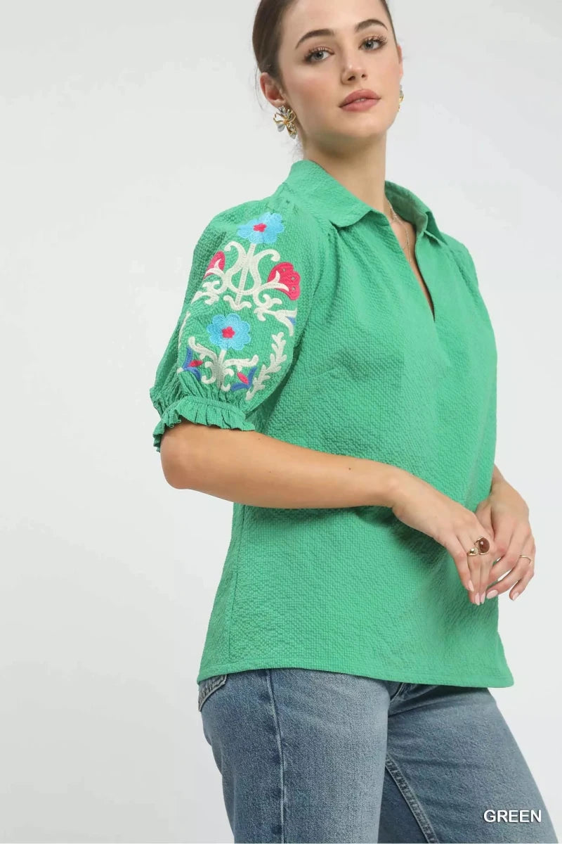Umgee Seersucker Embroidered Sleeve Blouse - 