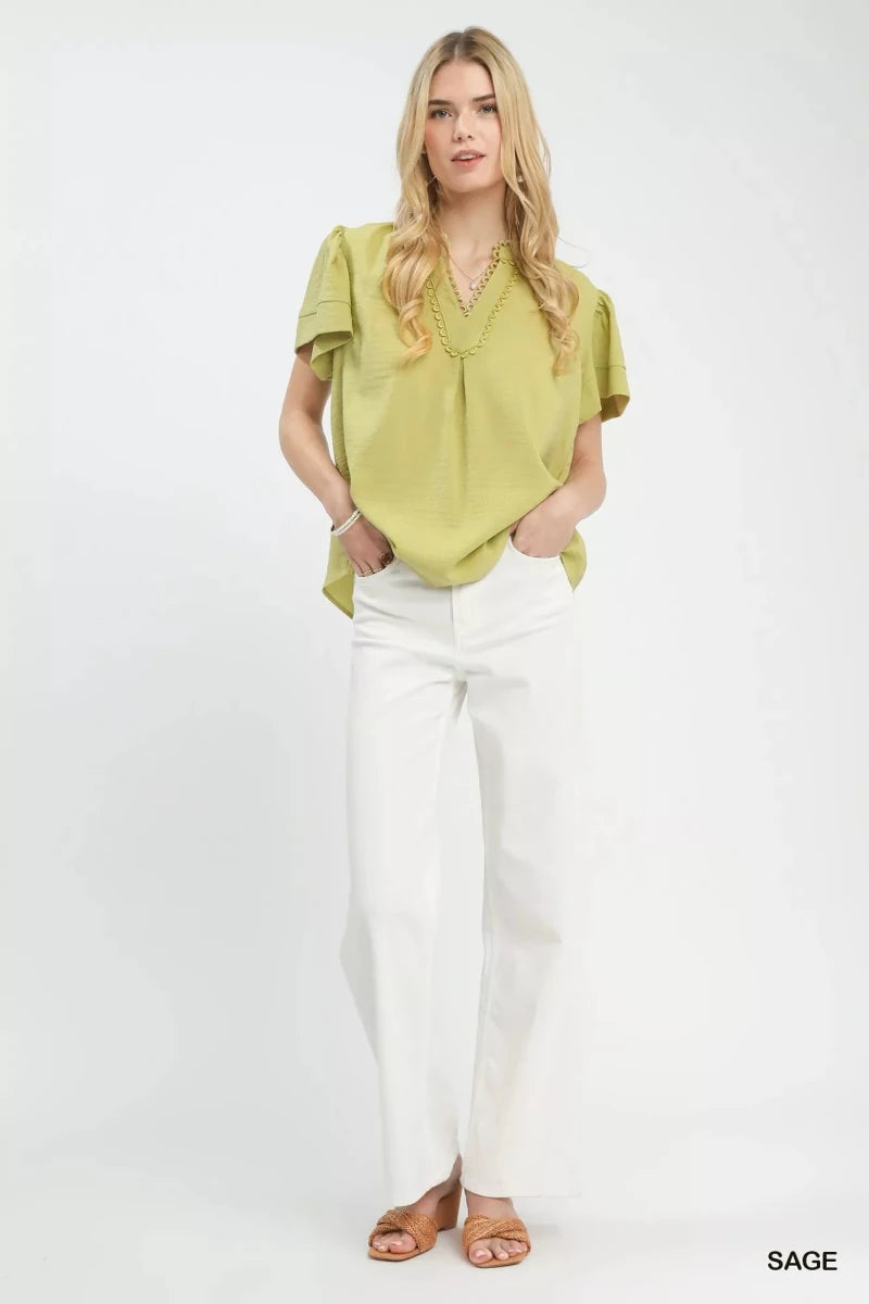 Umgee Seersucker Short Sleeve Top with Lace Trim - 