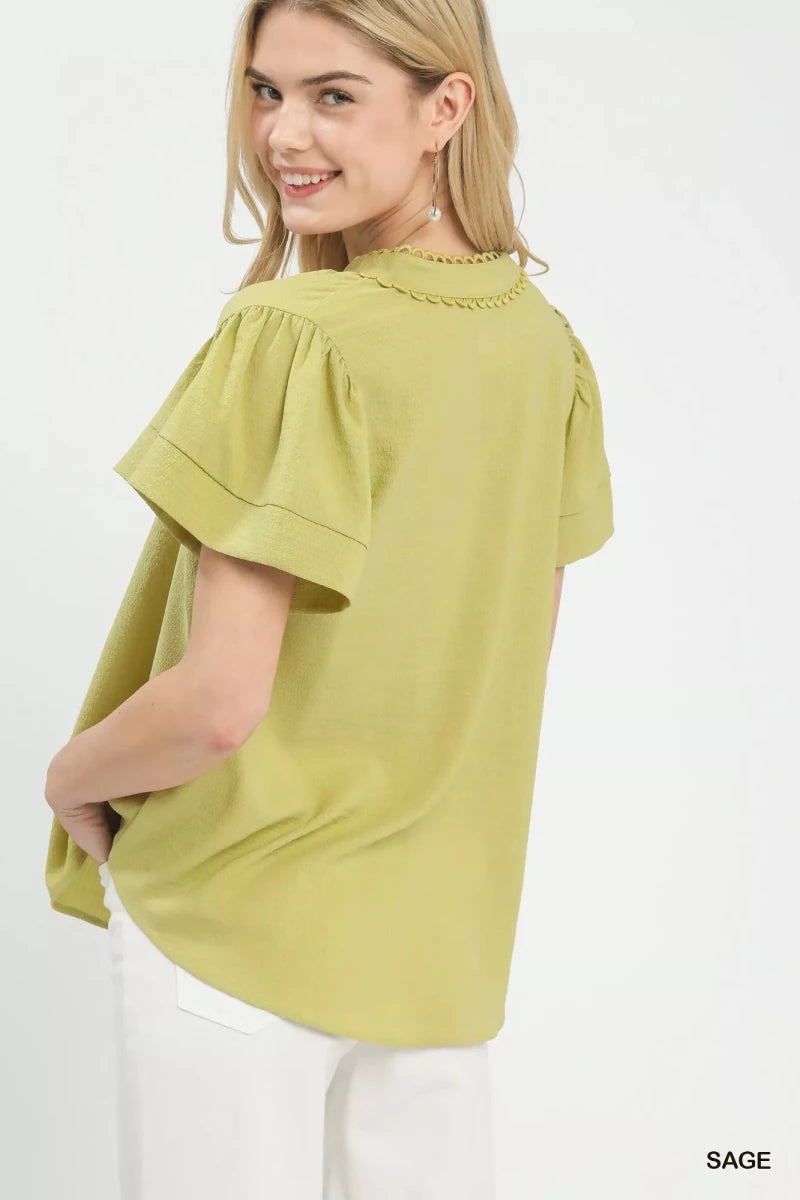 Umgee Seersucker Short Sleeve Top with Lace Trim - 