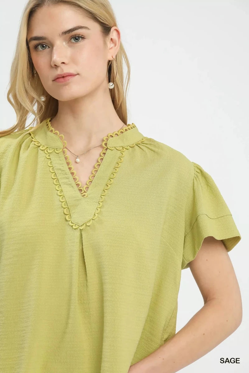 Umgee Seersucker Short Sleeve Top with Lace Trim - 