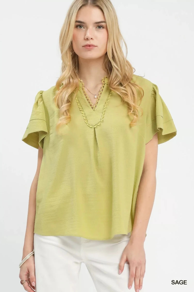 Umgee Seersucker Short Sleeve Top with Lace Trim - 