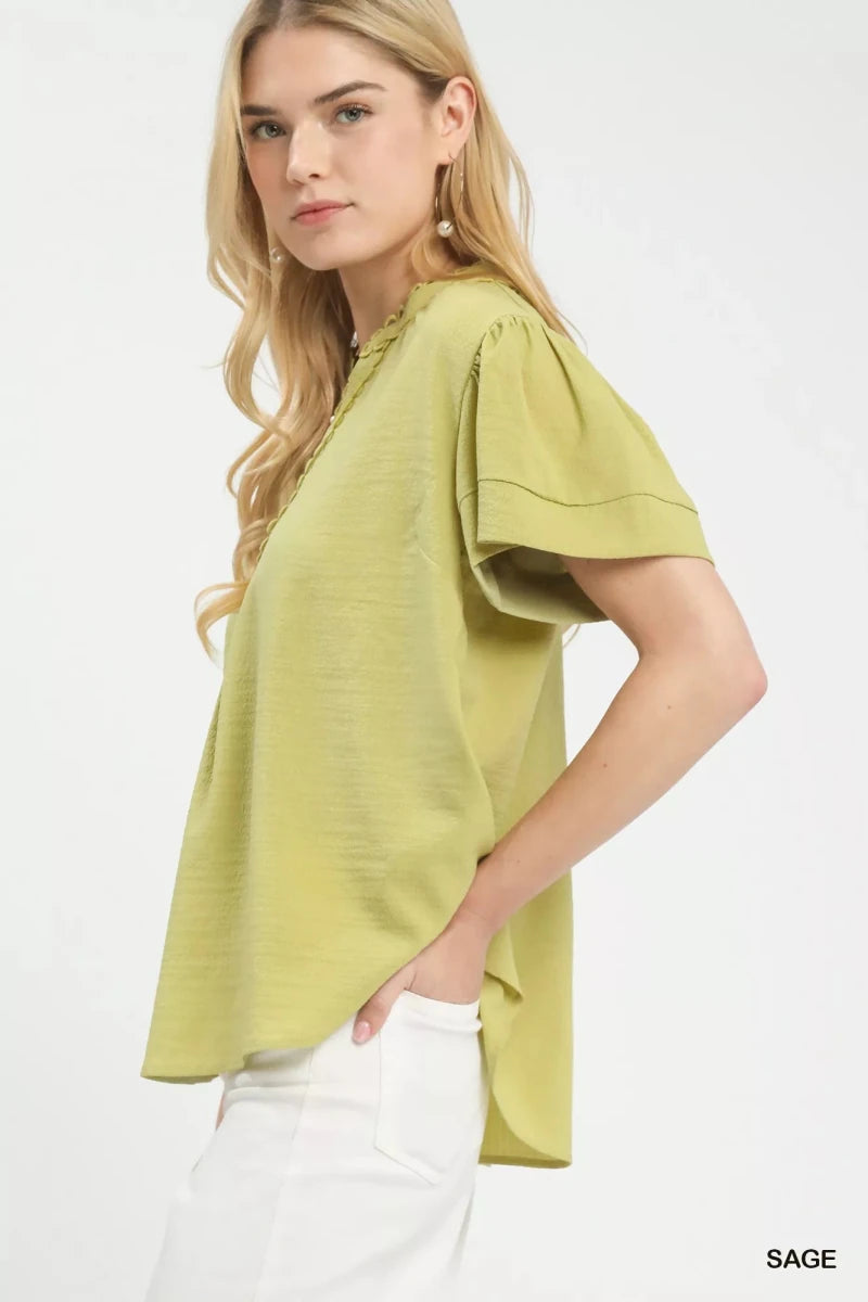 Umgee Seersucker Short Sleeve Top with Lace Trim - 