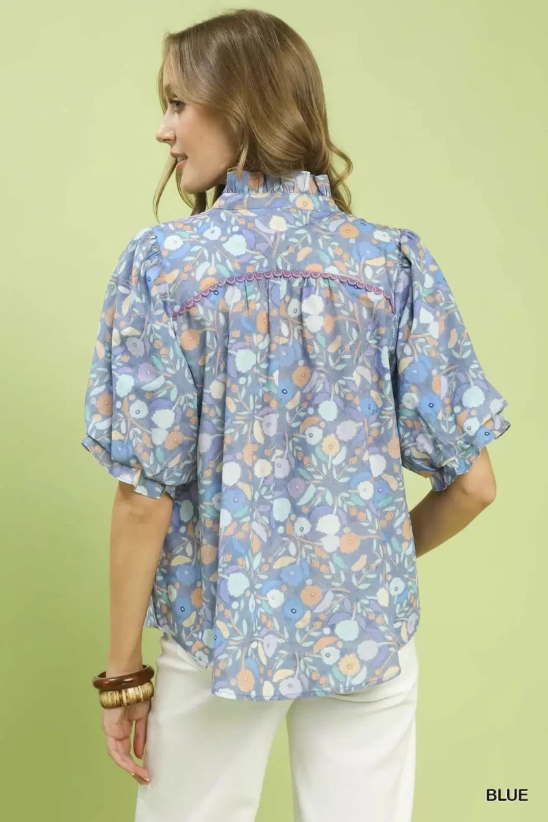 Umgee Smocked Floral Ruffle Trim Top - 