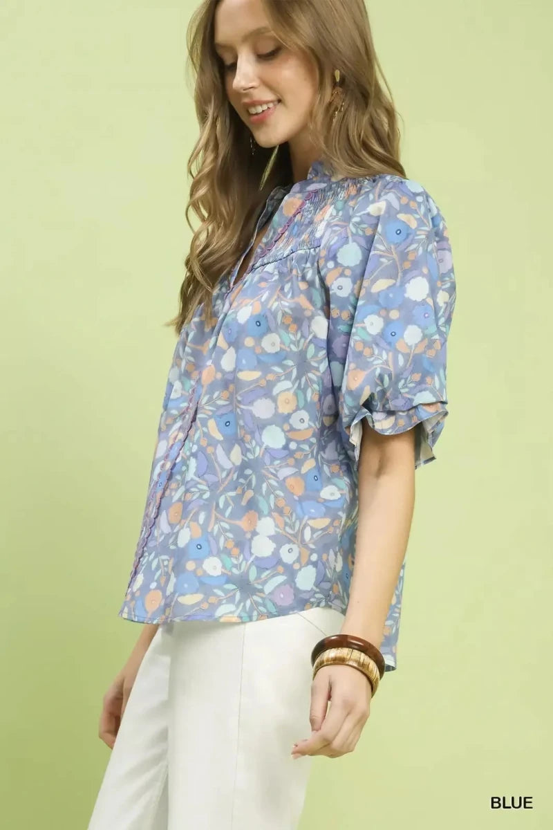 Umgee Smocked Floral Ruffle Trim Top - 