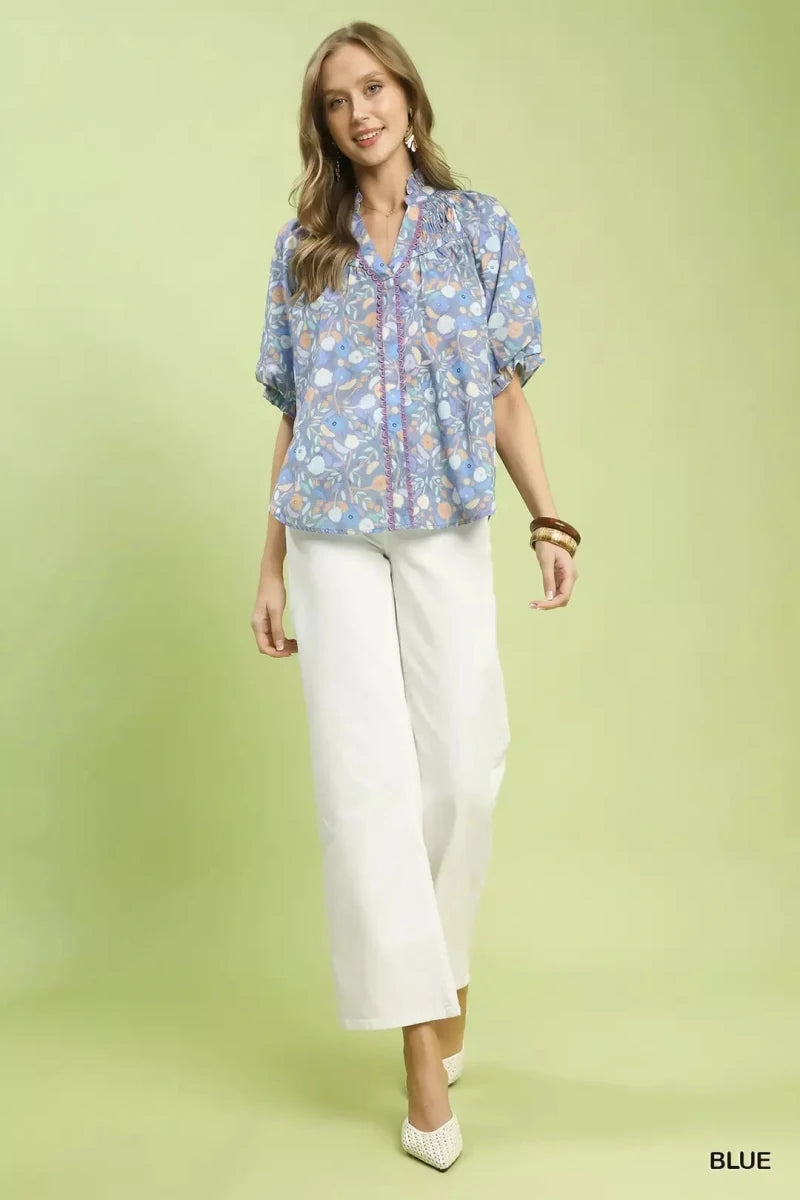 Umgee Smocked Floral Ruffle Trim Top - 