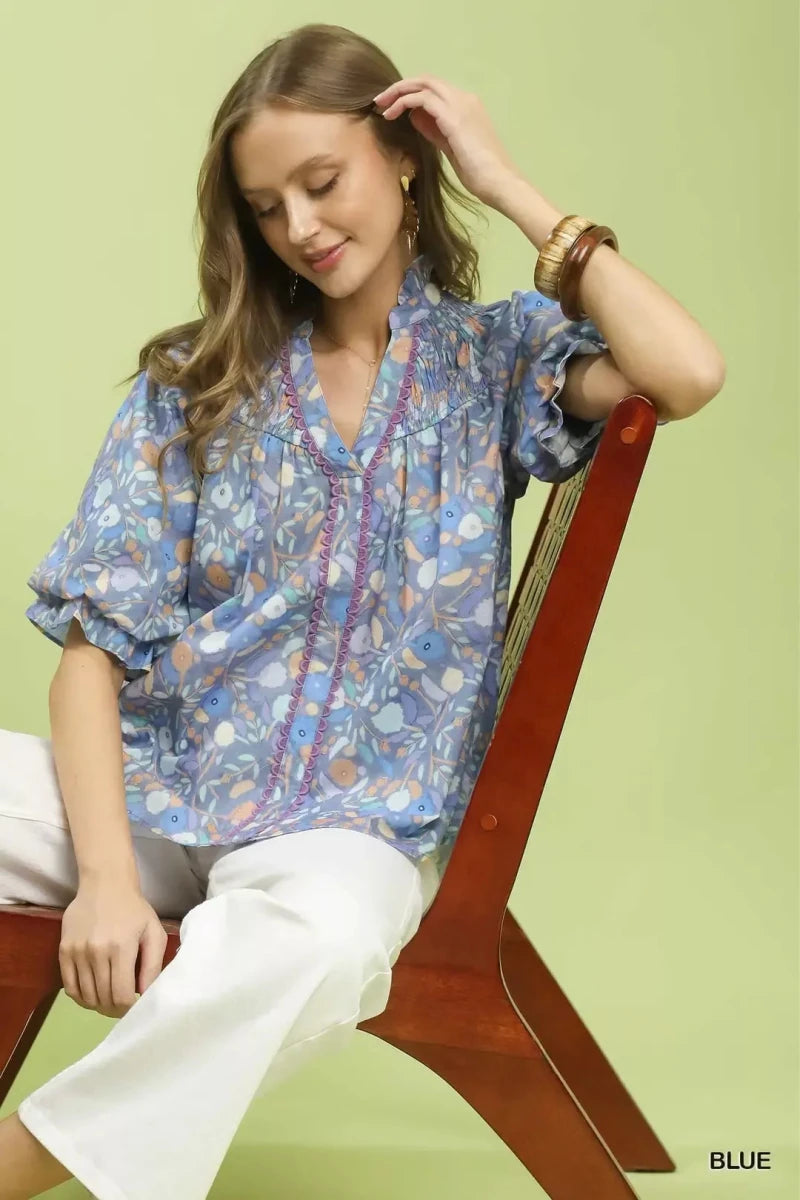 Umgee Smocked Floral Ruffle Trim Top - 