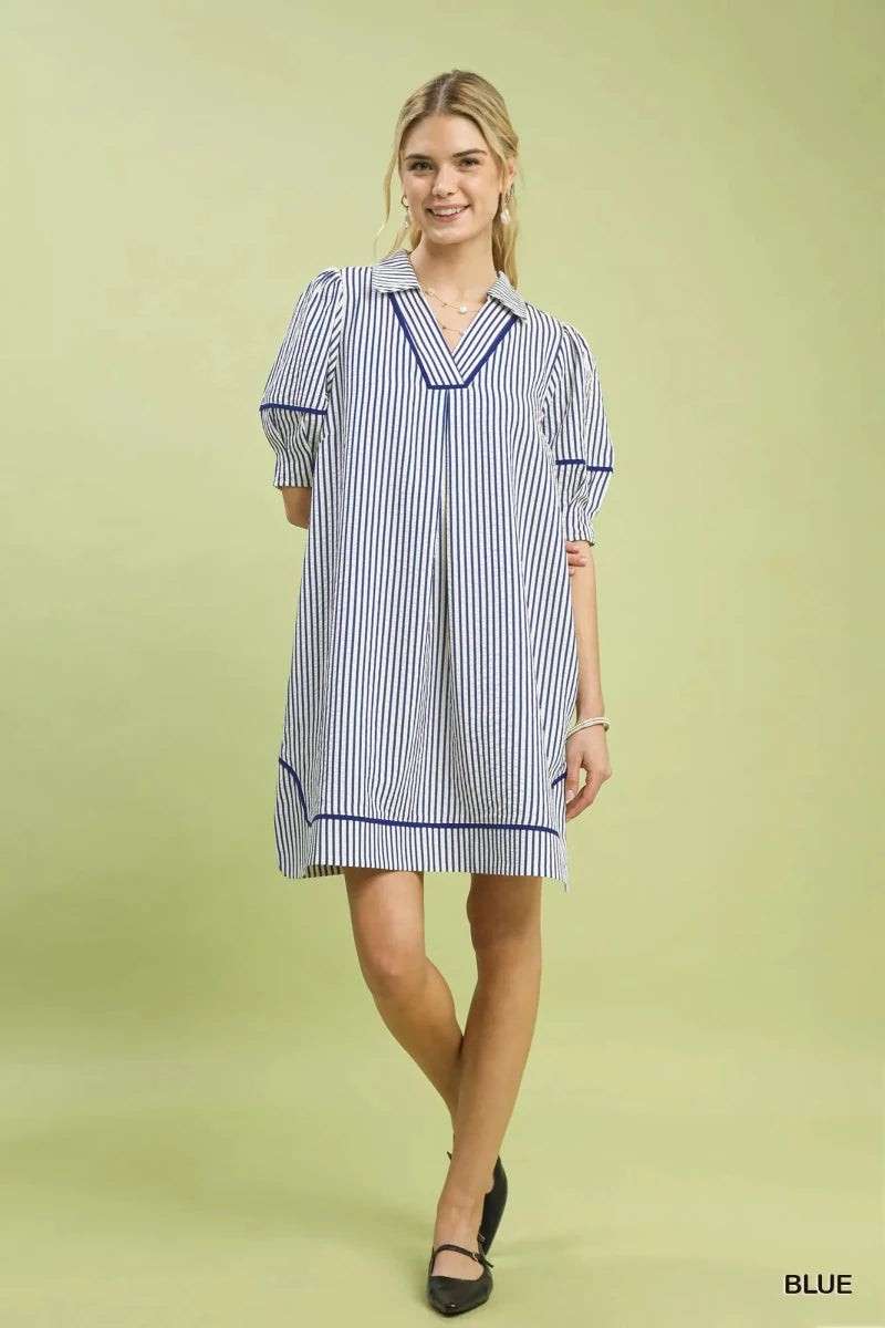 Umgee Stripe Collared Shift Dress - 
