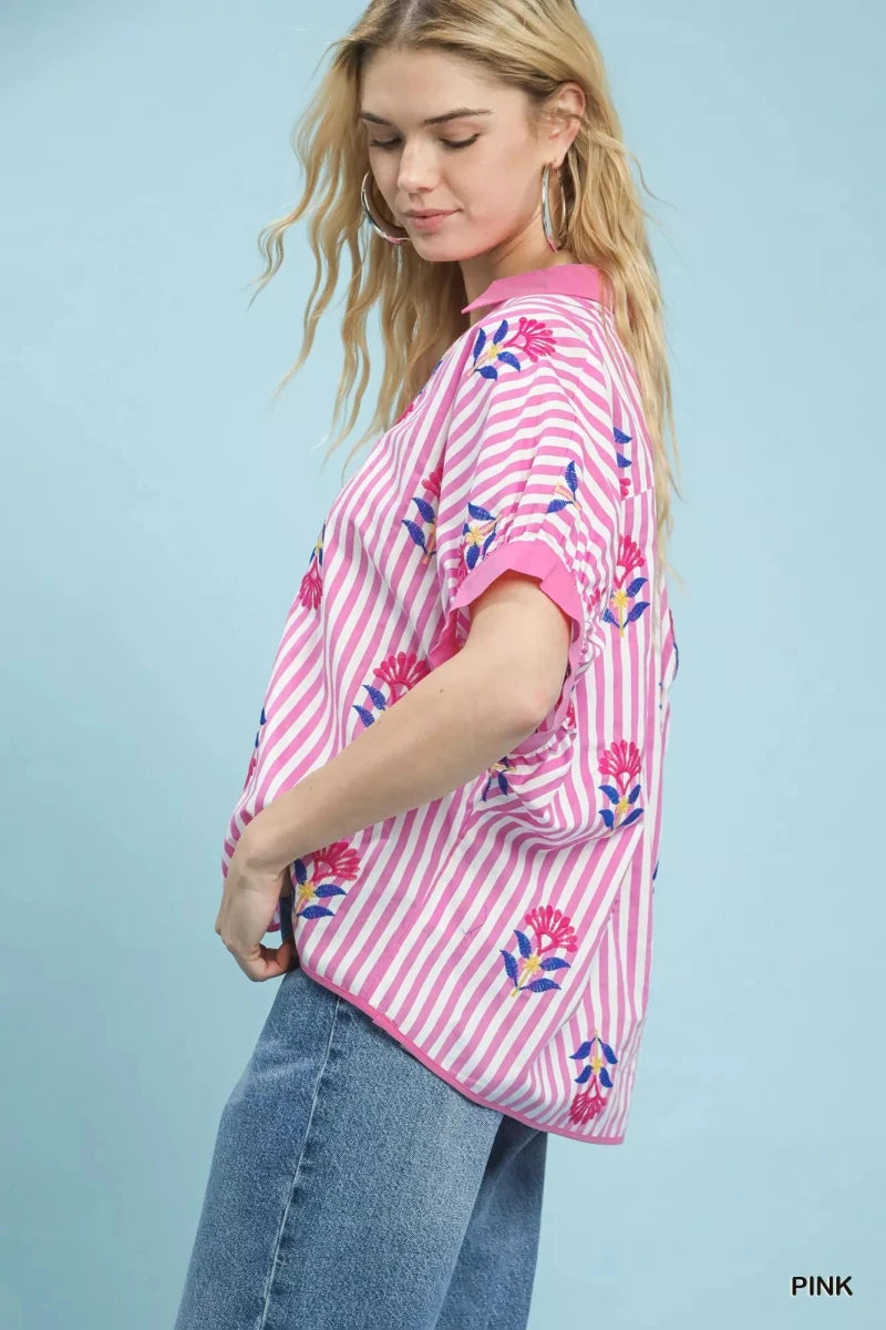 Umgee Stripe Embroidered Boho Blouse - Pink - 