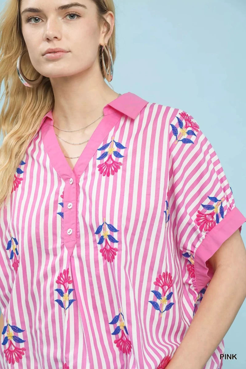 Umgee Stripe Embroidered Boho Blouse - Pink - 