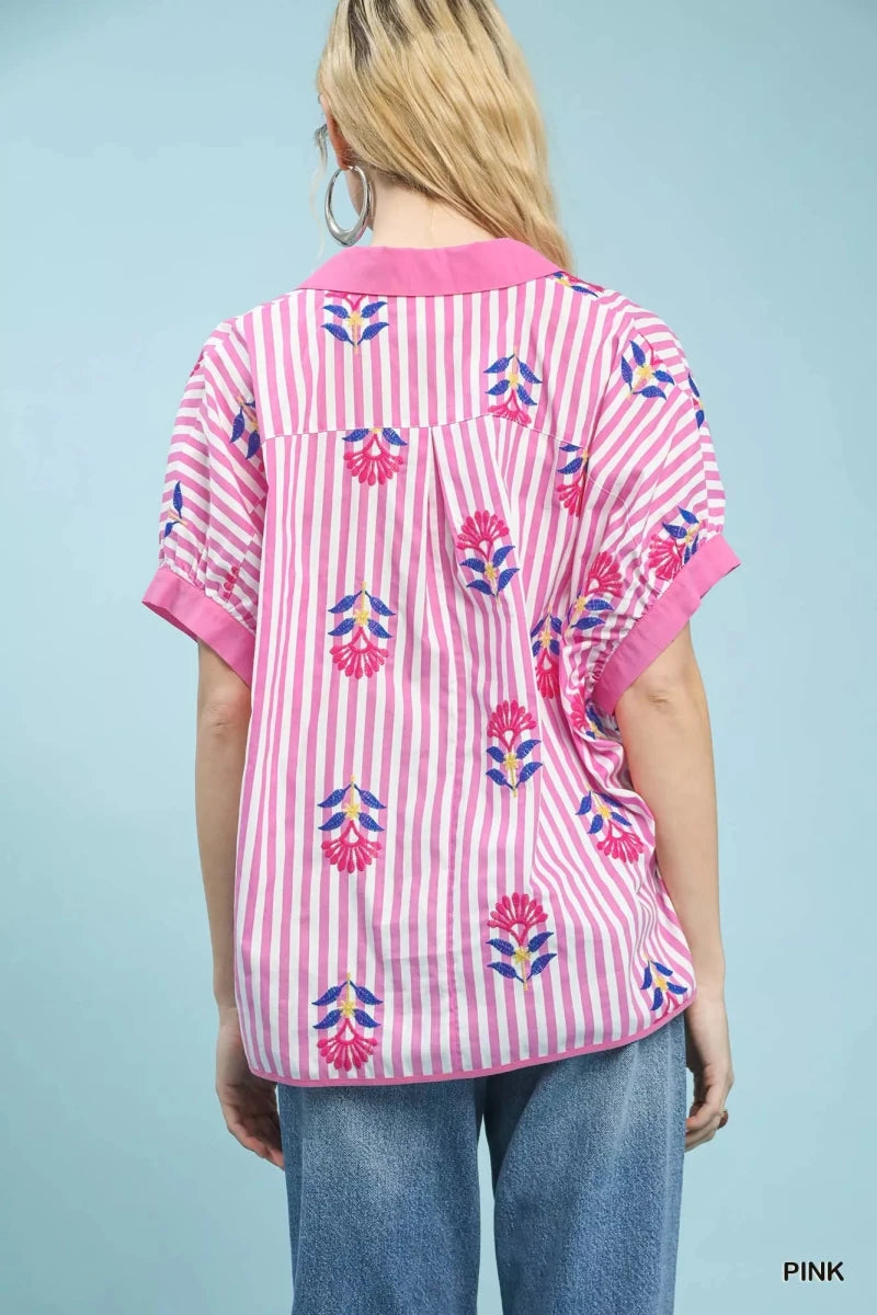 Umgee Stripe Embroidered Boho Blouse - Pink - 