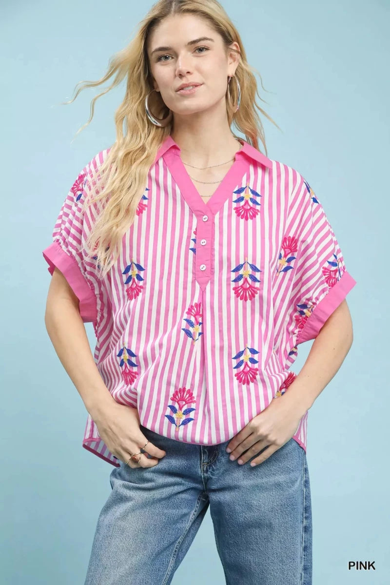Umgee Stripe Embroidered Boho Blouse - Pink - 