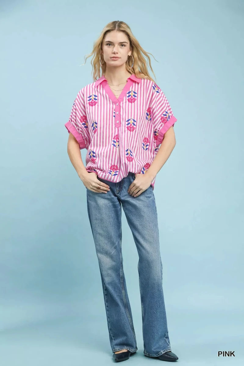Umgee Stripe Embroidered Boho Blouse - Pink - 