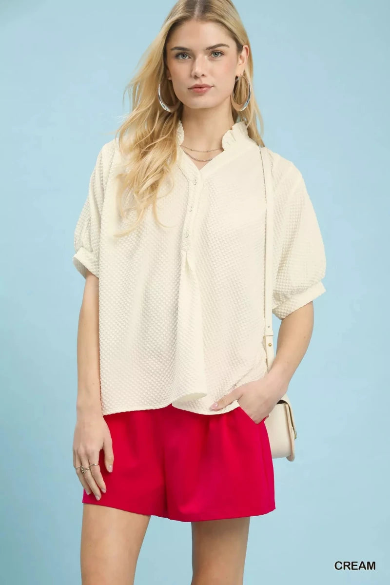 Umgee Textured Jacquard Short Sleeve Top - 