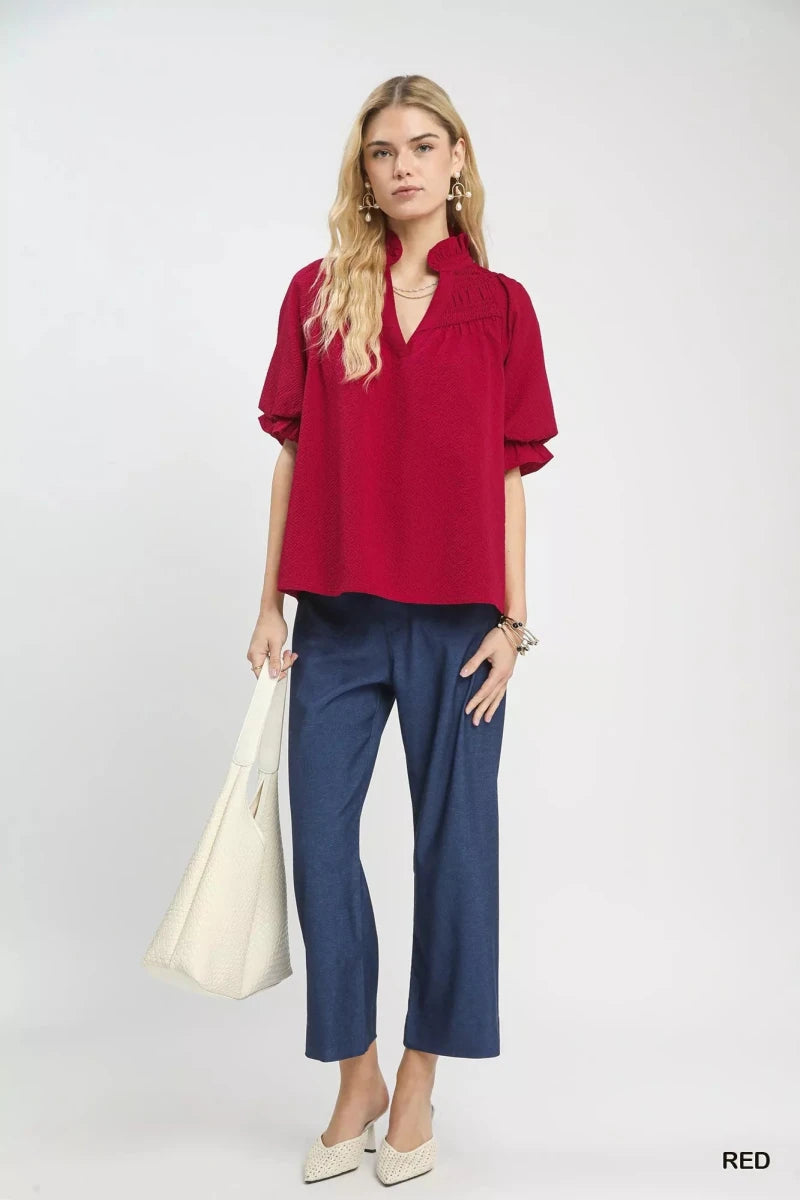 Umgee Textured Smocked Yoke Split - Neck Top - 
