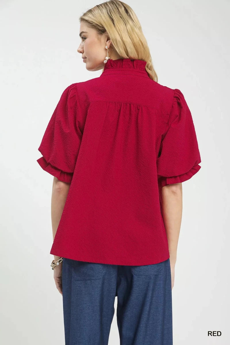 Umgee Textured Smocked Yoke Split - Neck Top - 