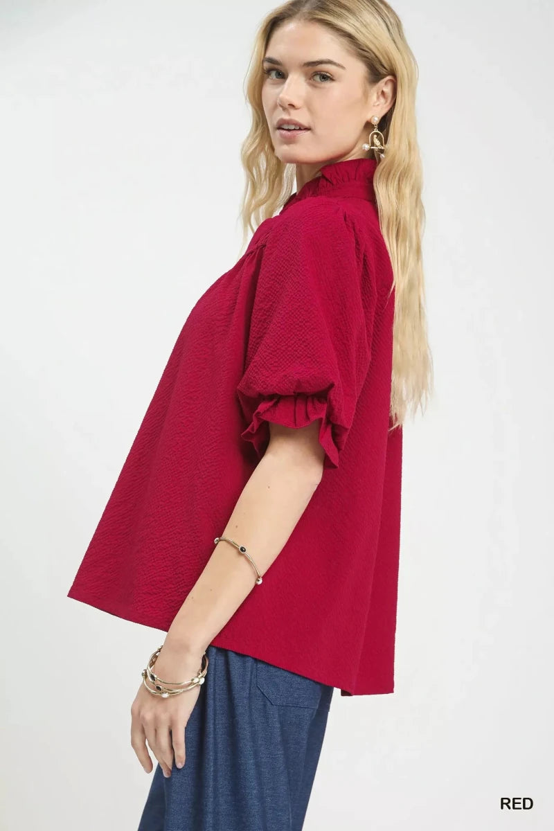 Umgee Textured Smocked Yoke Split - Neck Top - 