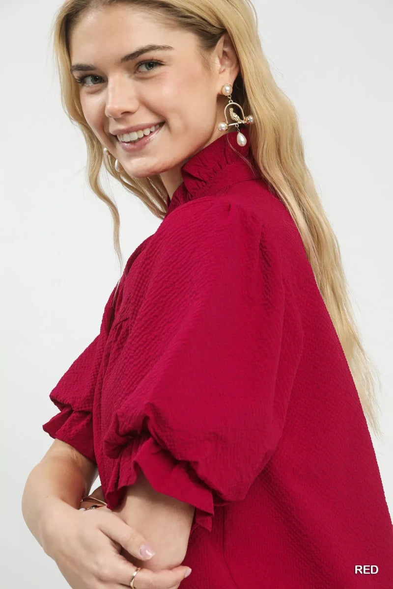 Umgee Textured Smocked Yoke Split - Neck Top - 