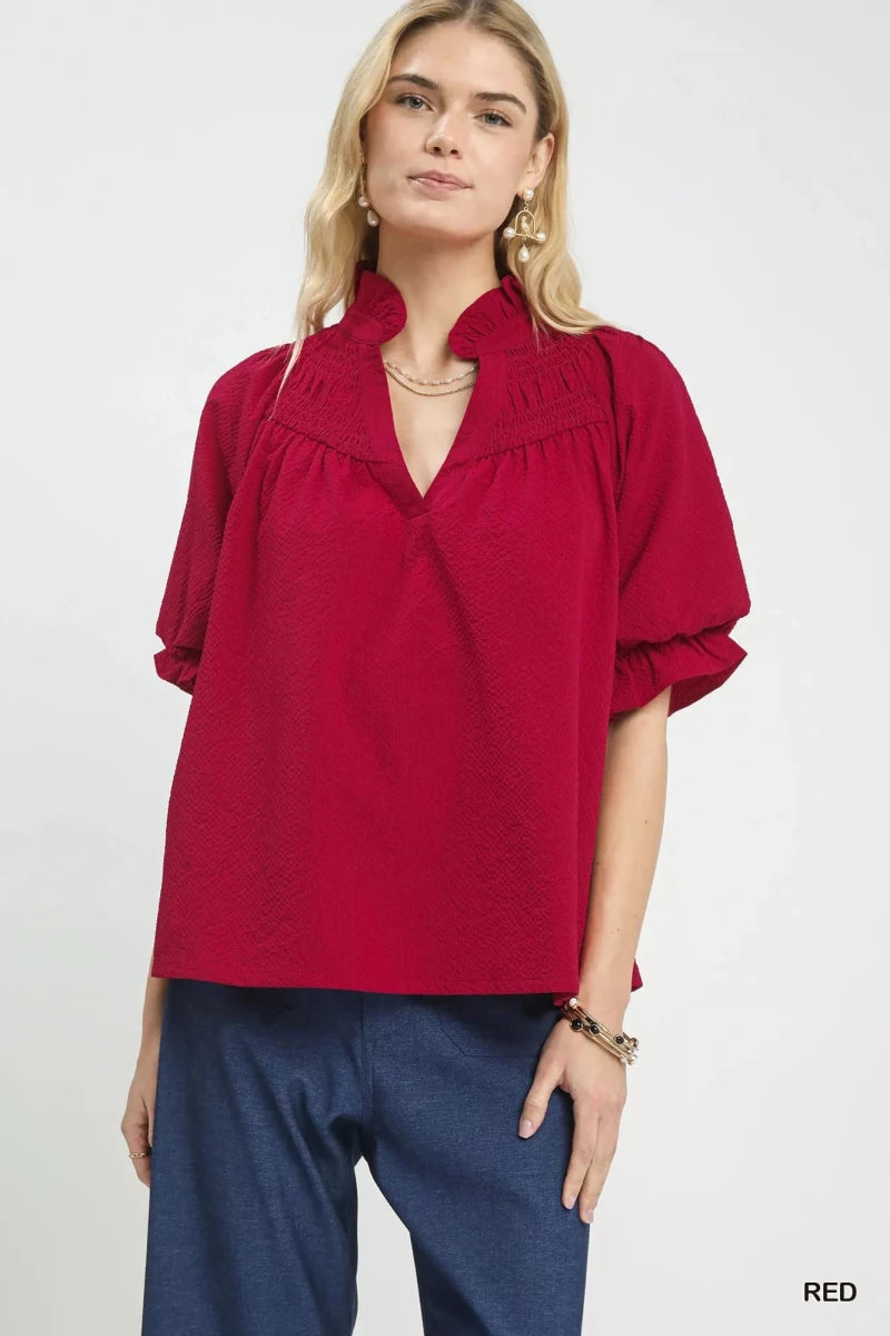Umgee Textured Smocked Yoke Split - Neck Top - 