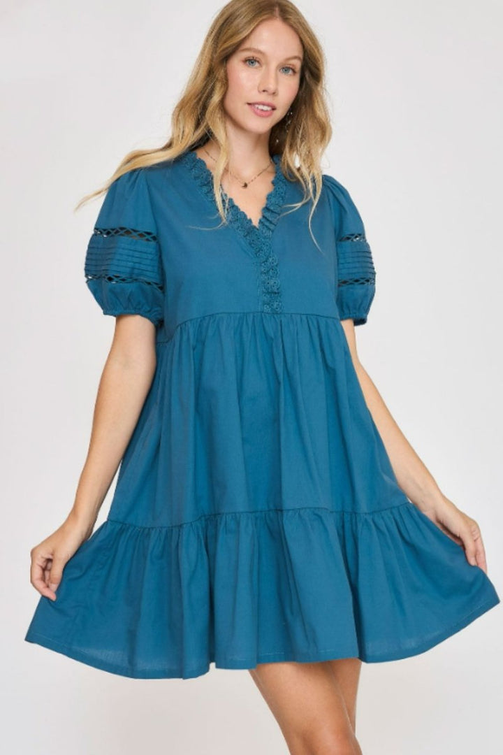 Umgee USA Full Size Lace Detail Puff Sleeve Mini Dress Plus Size - New Arrivals