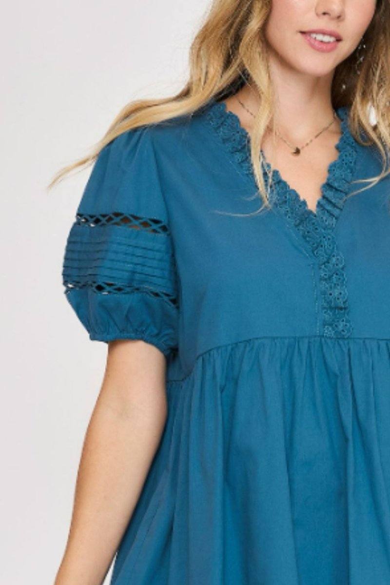 Umgee USA Full Size Lace Detail Puff Sleeve Mini Dress Plus Size - New Arrivals